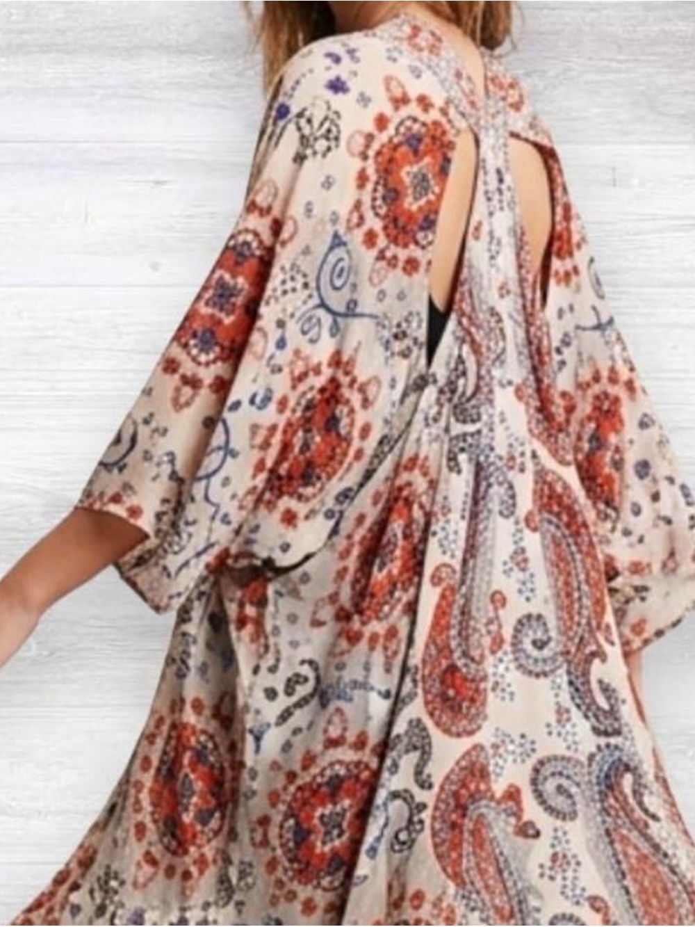 Free People Ivory Paisley Open-Back Maxi Dress with Rust & Blue Accents